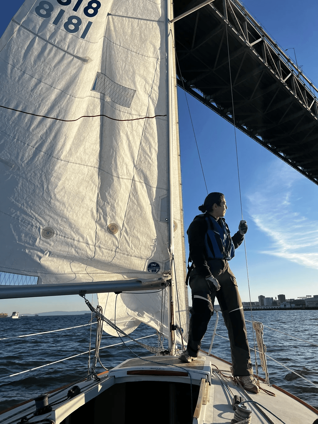 Dennis sailing a J-22 on the bay