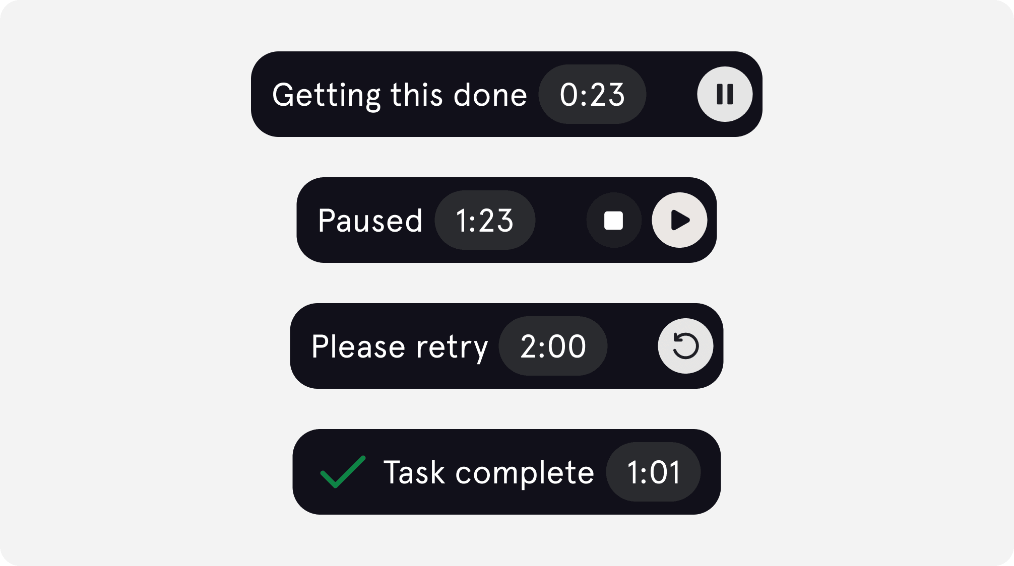 AGI agent status pills for running, paused, retry, and complete states